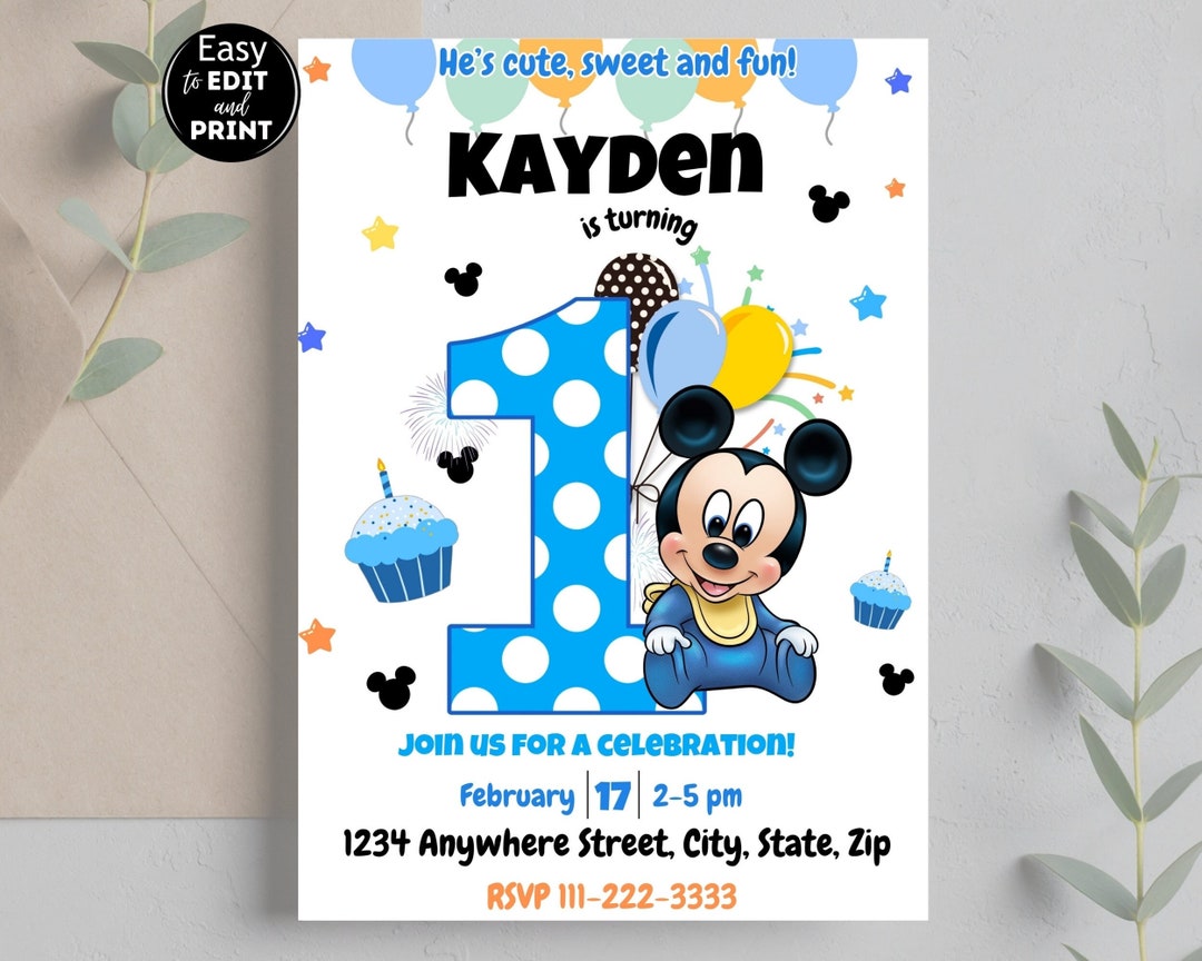 1st Birthday Editable Mickey Mouse Invitation, Birthday Invitation