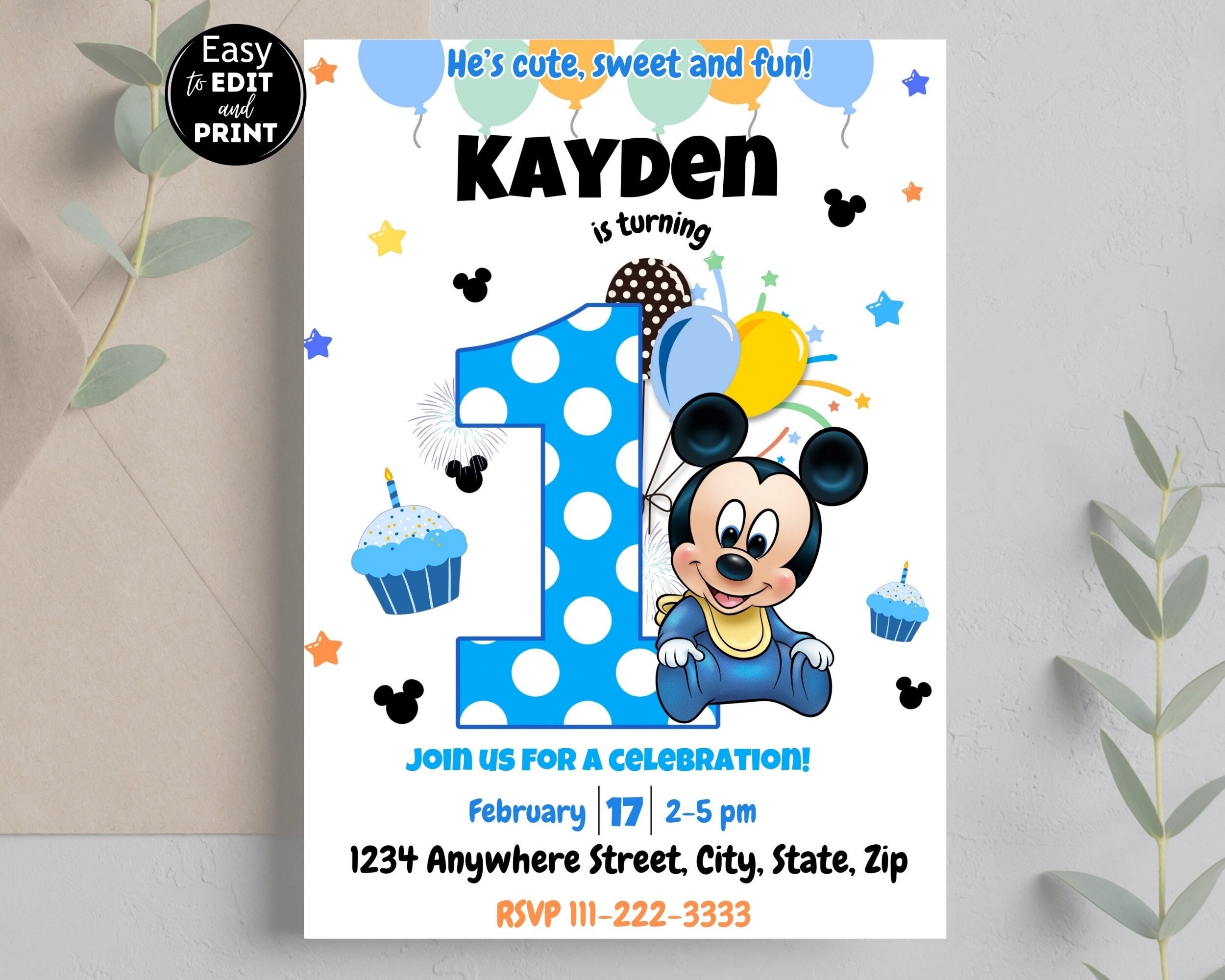 1st Birthday Editable Mickey Mouse Invitation, Birthday Invitation ...