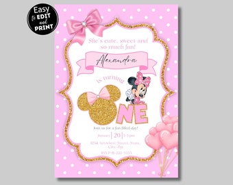 Bearbeitbare hellrosa Minnie-Maus-Geburtstagseinladung, Mädchen-Geburtstagseinladung, druckbare Einladung, rosa Minnie-Einladung, Minnie-Einladung