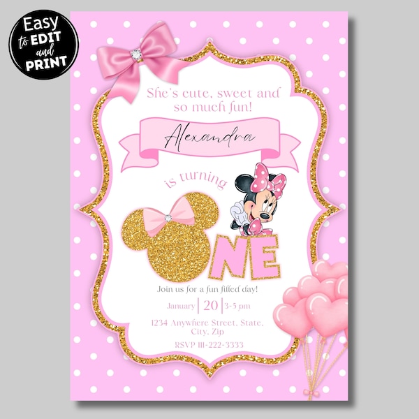Invitación de cumpleaños editable de Minnie Mouse rosa claro, invitación de cumpleaños de niñas, invitación imprimible, invitación rosa de Minnie, invitación de Minnie