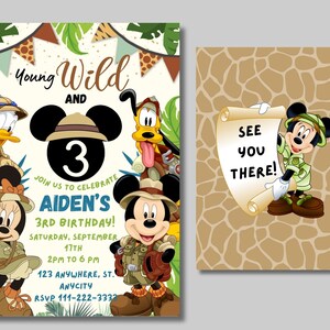 May include: A birthday invitation featuring Mickey Mouse and friends dressed in safari outfits. The invitation is for Aiden's 3rd birthday party, which is on Saturday, September 17th from 2pm to 6pm. The invitation includes the text "Young Wild and 3" and "Join us to celebrate Aiden's 3rd Birthday!"