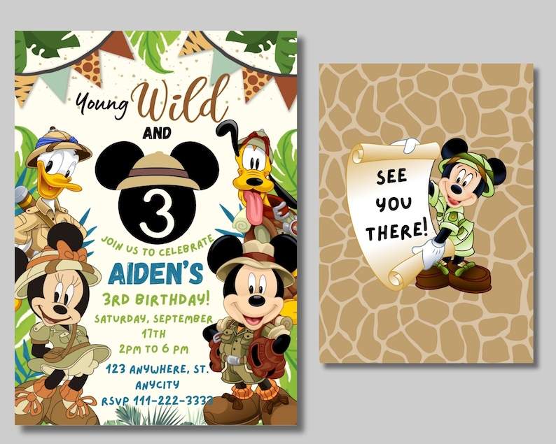 May include: A birthday invitation featuring Mickey Mouse and friends dressed in safari outfits. The invitation is for Aiden's 3rd birthday party, which is on Saturday, September 17th from 2pm to 6pm. The invitation includes the text "Young Wild and 3" and "Join us to celebrate Aiden's 3rd Birthday!"