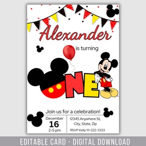 1er anniversaire Invitation modifiable Mickey Mouse, Invitation d'anniversaire Mickey Mouse, Invitation imprimable Mickey, Invitation anniversaire Mickey 1