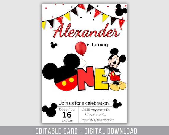 1st Birthday Editable Mickey Mouse Invitation, Birthday Invitation Mickey Mouse, Printable Invitation Mickey, Birthday Invite Mickey 1