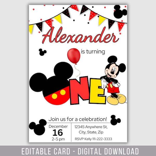 1st Birthday Editable Mickey Mouse Invitation, Birthday Invitation Mickey Mouse, Printable Invitation Mickey, Birthday Invite Mickey 1