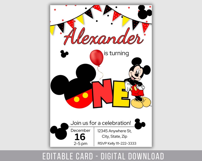 Op de afbeelding: Een printbare Mickey Mouse-thema eerste verjaardagsinvitation met rood, geel en zwart vlaggetjeslint. De uitnodiging zegt "Alexander wordt &eacute;&eacute;n" en bevat een Mickey Mouse-personage en een rode ballon.