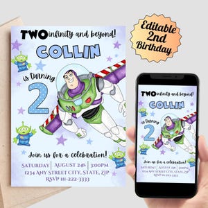 Op de afbeelding: Bewerkbare uitnodiging voor een 2e verjaardagsfeest met een Toy Story-thema. De uitnodiging bevat een cartoonafbeelding van Buzz Lightyear, een blauw nummer 2 en de tekst "TWO infinity and beyond! COLLIN is turning 2".