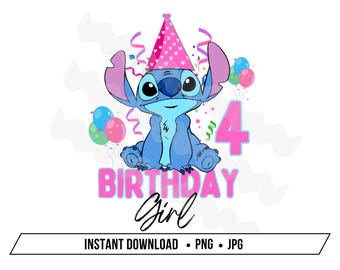 Stitch 4e verjaardag PNG verjaardag meisje digitale afbeelding Lilo and Stitch Instant download verjaardagsfeestje DTF sublimatie DIY aangepaste verjaardag