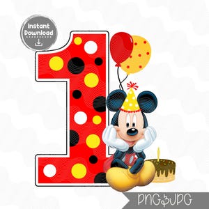 K&ouml;nnte beinhalten: Digitale Illustration von Mickey Mouse, die einen ersten Geburtstag feiert. Die Zahl eins ist rot mit Tupfen, und Mickey tr&auml;gt eine Partyh&uuml;tchen. Luftballons und ein Kuchen vervollst&auml;ndigen die festliche Szene. Das Bild enth&auml;lt den Text "Instant Download".