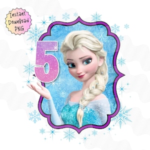 Elsa 5e verjaardag PNG, feestvarken opstrijkbaar, 5e verjaardag Frozen, 5e Frozen Olaf, Winter Snowflakes 5e digitale download, DTF-sublimatie