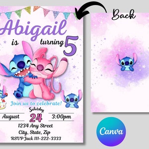 May include: A pink and purple birthday invitation with a cartoon Stitch and Angel from Lilo & Stitch. The invitation says "Abigail is turning 5" and includes details for the party, including the date, time, and location.