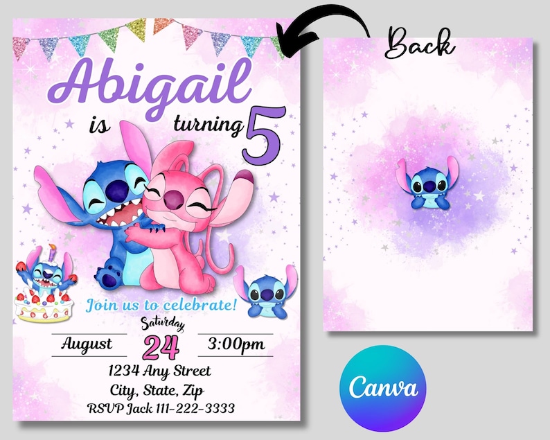 May include: A pink and purple birthday invitation with a cartoon Stitch and Angel from Lilo & Stitch. The invitation says "Abigail is turning 5" and includes details for the party, including the date, time, and location.