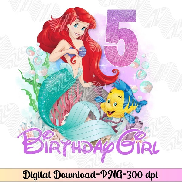 5th Birthday Ariel PNG, Birthday Princess iron On, Happy Birthday Png, Magical Birthday Instant download, Princess 5th birthday png