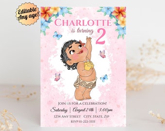 May include: A pink and blue birthday invitation featuring a cartoon illustration of a young girl with brown hair and brown eyes. The text on the invitation reads "CHARLOTTE is turning 2".