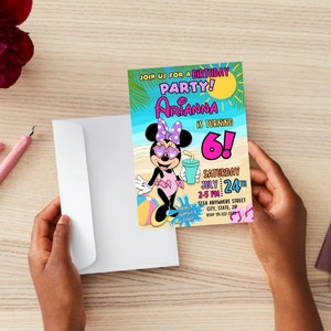 May include: A colorful birthday party invitation featuring a cartoon image of Minnie Mouse wearing sunglasses and a swimsuit. The text on the invitation reads "Join us for a birthday party! Arianna is turning 6! Saturday July 24th 2-5 PM 1234 Anywhere Street City, State, Zip"