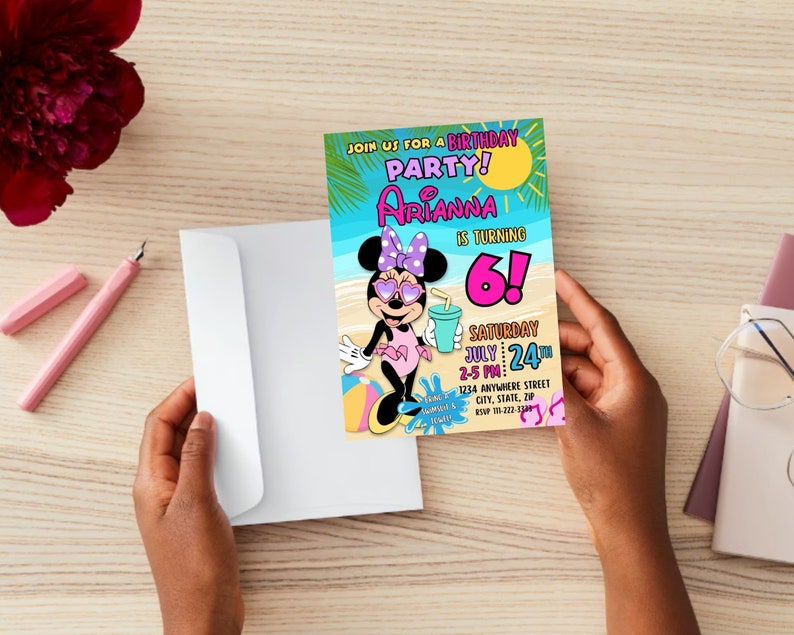 May include: A colorful birthday party invitation featuring a cartoon image of Minnie Mouse wearing sunglasses and a swimsuit. The text on the invitation reads "Join us for a birthday party! Arianna is turning 6! Saturday July 24th 2-5 PM 1234 Anywhere Street City, State, Zip"