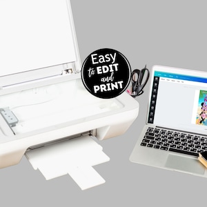 May include: A white printer with a document tray and a laptop computer with a screen showing a Minnie Mouse themed birthday party invitation. The text on the invitation reads "Party Minnie Mouse" and "6!" The text on the black circle sticker on the printer reads "Easy to EDIT and PRINT".