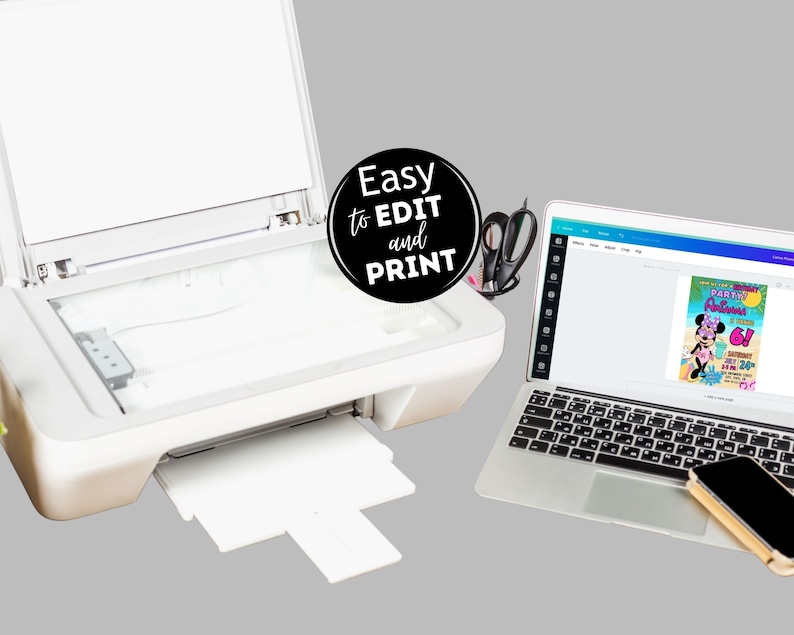 May include: A white printer with a document tray and a laptop computer with a screen showing a Minnie Mouse themed birthday party invitation. The text on the invitation reads "Party Minnie Mouse" and "6!" The text on the black circle sticker on the printer reads "Easy to EDIT and PRINT".