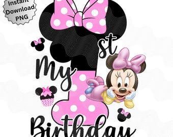 Minnie Mouse PNG para primer cumpleaños, primer cumpleaños de Minnie, primer cumpleaños de Minnie, Minnie para sublimación DTF, cumpleaños PNG, imagen para planchar para primer cumpleaños