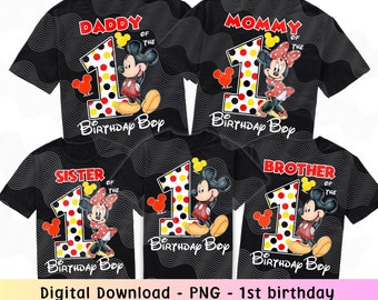 May include: Four black t-shirts with a Mickey Mouse and Minnie Mouse design. Each shirt has a different title: "Daddy of the Birthday Boy", "Mommy of the Birthday Boy", "Sister of the Birthday Boy", and "Brother of the Birthday Boy".