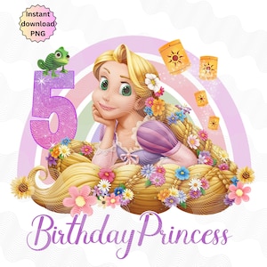 5e verjaardag verwarde png, verjaardag prinses opstrijkbaar, gelukkige verjaardag png, magische verjaardag instant download, Rapunzel 5e png