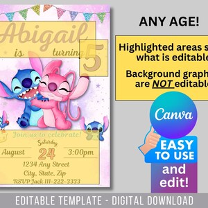 May include: Editable birthday party invitation template featuring Stitch and Angel from Lilo & Stitch. The invitation is pink and purple with glitter accents. The text on the invitation reads "Abigail is turning 5" and includes details for the party, such as the date, time, and location. The invitation is labeled as an "Editable Template - Digital Download".