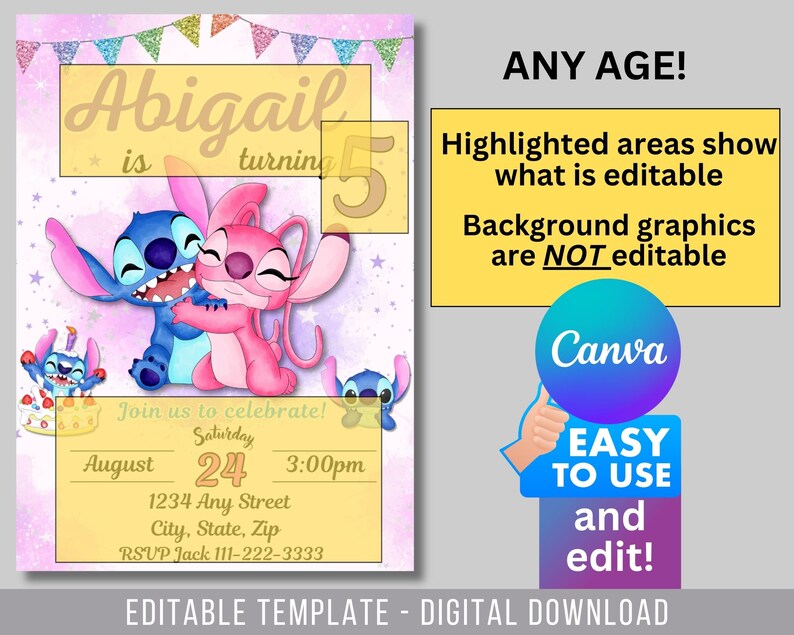 May include: Editable birthday party invitation template featuring Stitch and Angel from Lilo & Stitch. The invitation is pink and purple with glitter accents. The text on the invitation reads "Abigail is turning 5" and includes details for the party, such as the date, time, and location. The invitation is labeled as an "Editable Template - Digital Download".