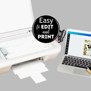 May include: A white printer with a document in the tray. A laptop computer shows a printable invitation with the text "Mickey Wild" and "Aden's 3rd Birthday". The text "Easy to EDIT and PRINT" is in a black circle.