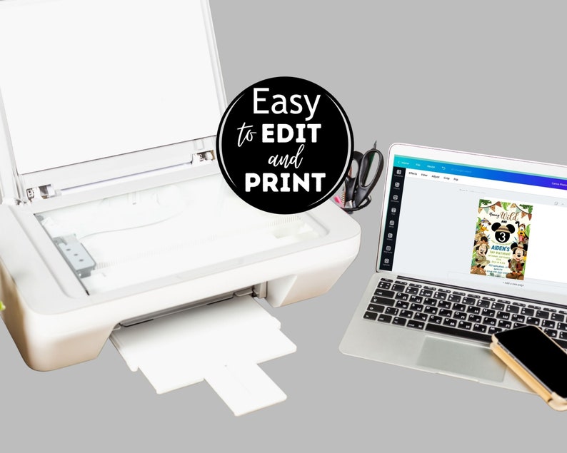 May include: A white printer with a document in the tray. A laptop computer shows a printable invitation with the text "Mickey Wild" and "Aden's 3rd Birthday". The text "Easy to EDIT and PRINT" is in a black circle.