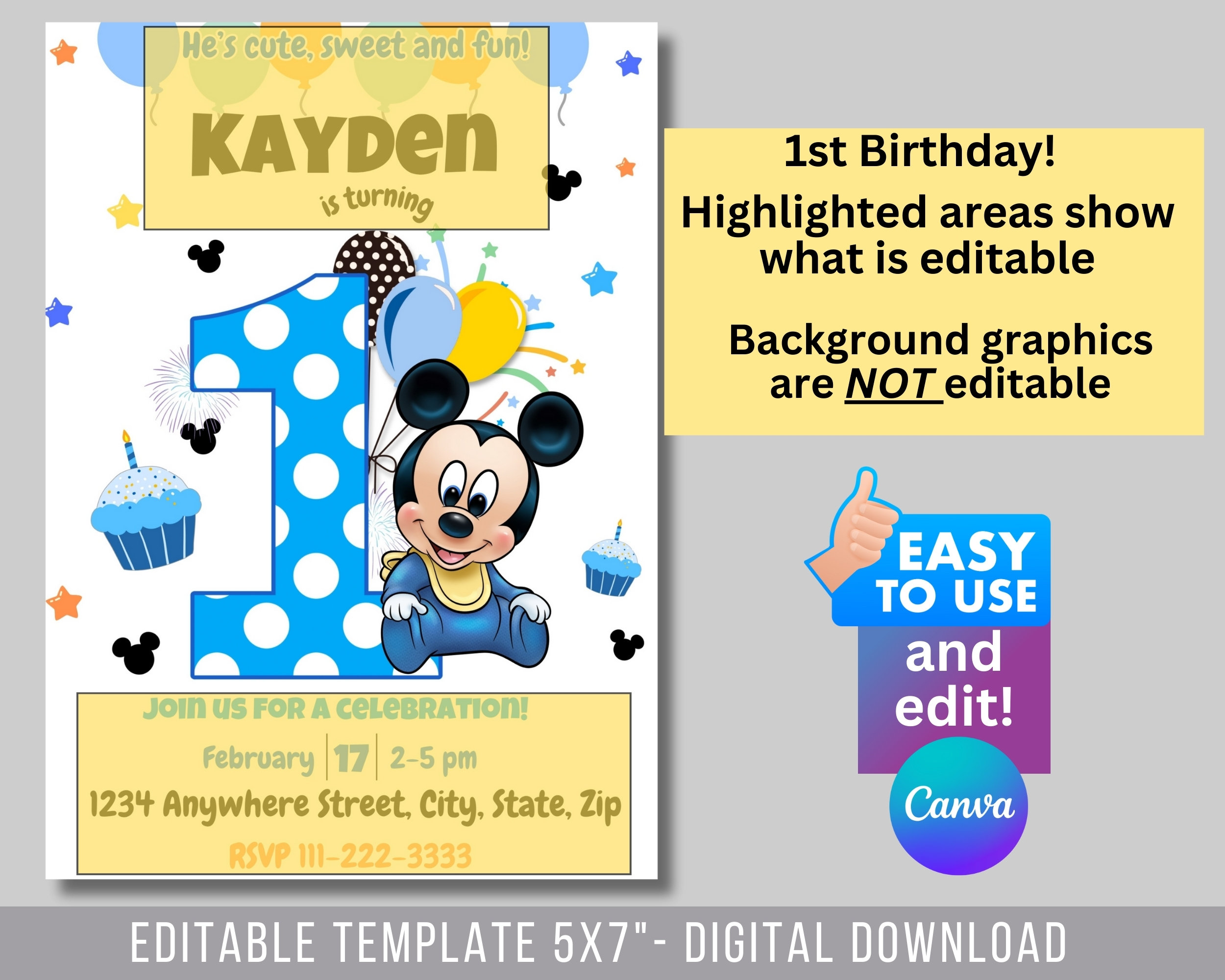 1st Birthday Editable Mickey Mouse Invitation, Birthday Invitation ...