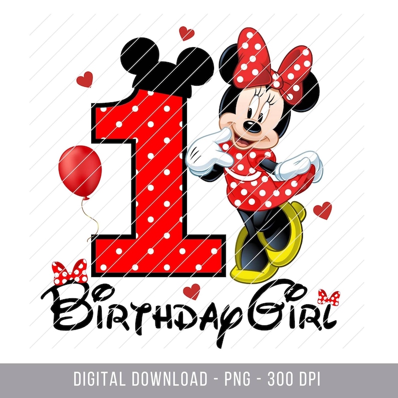 Op de afbeelding: Een digitale afbeelding met Minnie Mouse, het rode cijfer 1 met witte stippen en de tekst "Birthday Girl". Minnie Mouse draagt een rode jurk met witte stippen en een bijpassende strik. Een rode ballon en harten maken het ontwerp af.