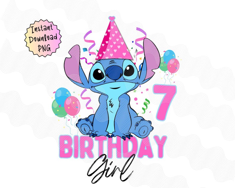 K&ouml;nnte beinhalten: Blaue Stitch-Figur, die einen rosa Partyhut mit wei&szlig;en Punkten und eine rosa Zahl 7 tr&auml;gt. Die Figur ist von rosa und blauen Konfetti und Luftballons umgeben. Der Text "Birthday Girl" ist in rosa Buchstaben unter der Figur geschrieben.