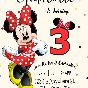 May include: A birthday invitation featuring a cartoon image of Minnie Mouse in a red polka dot dress. The text reads "Charlotte is turning 3. Join us for a celebration! July 10 | 2-4PM 12345 Anywhere St City. State. Zip RSVP 222-333-4444".