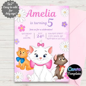 Aristocats Birthday Invitation, Cute Cat Marie Invitation for birthday Girl, Marie from Aristocats birthday Invitations, Digital invitation