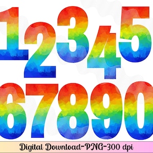 Rainbow Print Numbers, Numbers for Sublimation, Birthday numbers, Rainbow clipart Numbers 0-9 PNG, Clip art Numbers, Numbers rainbow theme