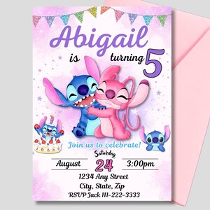 May include: Purple and pink birthday invitation with a cartoon image of Stitch and Angel from Lilo & Stitch. The invitation says "Abigail is turning 5" and includes details for the party, including the date, time, and location.