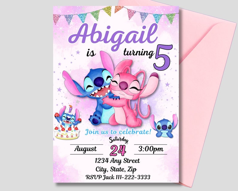 May include: Purple and pink birthday invitation with a cartoon image of Stitch and Angel from Lilo & Stitch. The invitation says "Abigail is turning 5" and includes details for the party, including the date, time, and location.