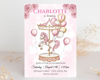 Editable Carousel Birthday Invitation, Watercolor Invitation girls, Printable Invitation, Vintage Theme Carousel 1st Birthday Invitation