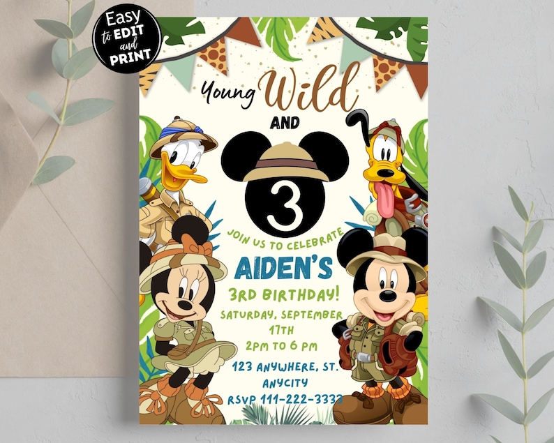 May include: A colorful invitation for a 3rd birthday party with a jungle theme. The invitation features Mickey Mouse, Minnie Mouse, Donald Duck, and Goofy dressed in explorer outfits. The text on the invitation reads "Young Wild and 3" and "Join us to celebrate Aiden's 3rd Birthday!" The invitation also includes the date, time, and location of the party.