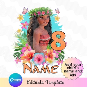 Bewerkbaar verjaardagsshirt Moana, Magic Kingdom Princess opstrijkbaar, gelukkige verjaardag opstrijkbaar, prinses verjaardag, baby Moana opstrijkbaar, DIY verjaardag