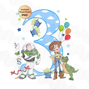 May include: A digital illustration featuring characters from the Toy Story franchise. The number 3 is designed with a blue sky and clouds, with Buzz Lightyear, Woody, and other characters. The image includes the text "Instant Download PNG".