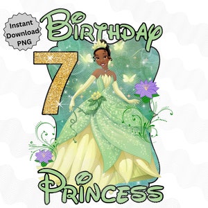 Princesa Tiana 7º aniversário PNG, Aniversário Princesa 7º, Camisa de aniversariante, 7º aniversário png, Tiana 7º aniversário