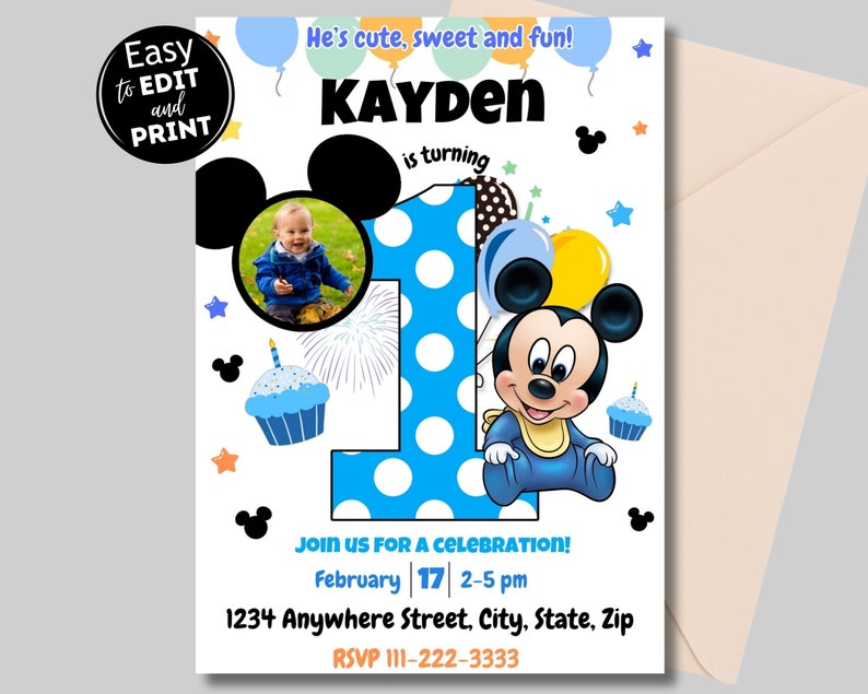 1st Birthday Editable Mickey Mouse Invitation, Custom Photo Birthday ...