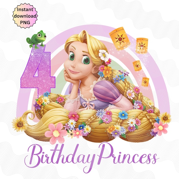 4th Birthday Tangled PNG, Birthday Princess iron On, Happy Birthday Png, Magical Birthday Instant download, Rapunzel 4th png