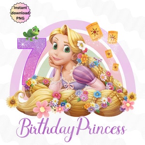 7e verjaardag verwarde png, verjaardag prinses opstrijkbaar, gelukkige verjaardag png, magische verjaardag instant download, 7e Rapunzel png