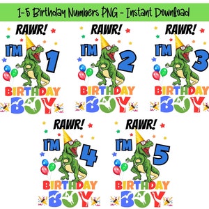 Rawr 私は誕生日の男の子です 恐竜の誕生日の数字 1-5、昇華バンドルパック 誕生日の恐竜、PNG 誕生日の数字の即時ダウンロード