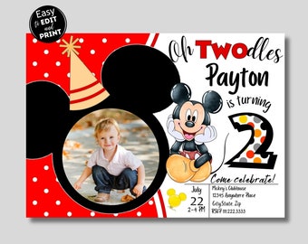 Oh Twodles Photo Invitation, Mickey Birthday Invitation, Mickey Mouse Invitations, Mouse Editable Invitation with picture, Twodles invite