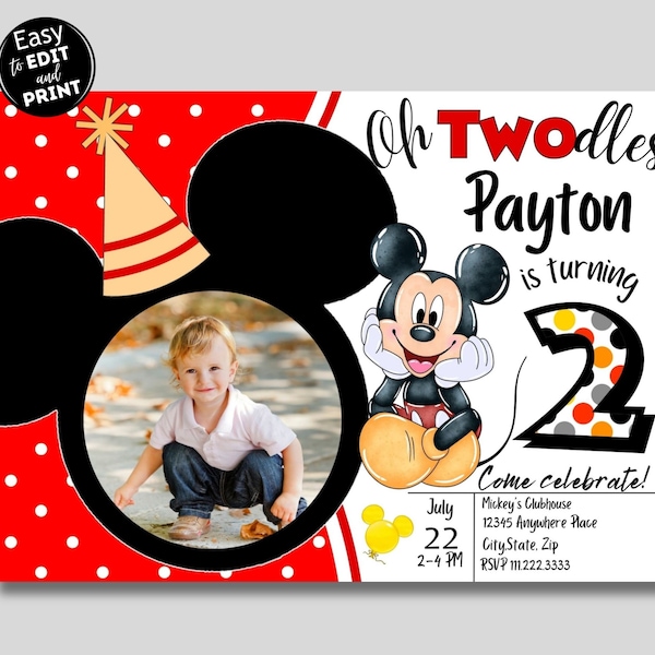 Oh Twodles Photo Invitation, Mickey Birthday Invitation, Mickey Mouse Invitations, Mouse Editable Invitation with picture, Twodles invite
