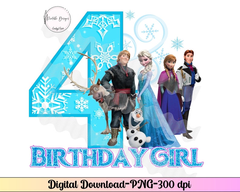 K&ouml;nnte beinhalten: Eine blaue Zahl vier mit Schneeflocken und einem wei&szlig;en Umriss. Die Zahl ist mit Figuren aus dem Film Frozen, darunter Elsa, Anna, Kristoff und Olaf, verziert. Der Text "Birthday Girl" ist in blauen Glitzer unter der Zahl geschrieben.