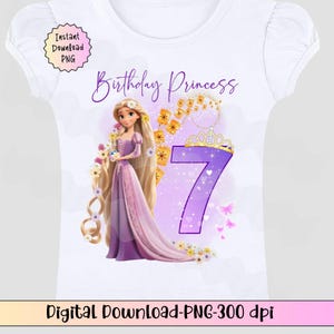 May include: White t-shirt with a graphic of a princess in a purple dress, long blonde hair, and the number 7. The text "Birthday Princess" is above the graphic. The shirt has short, puffy sleeves.